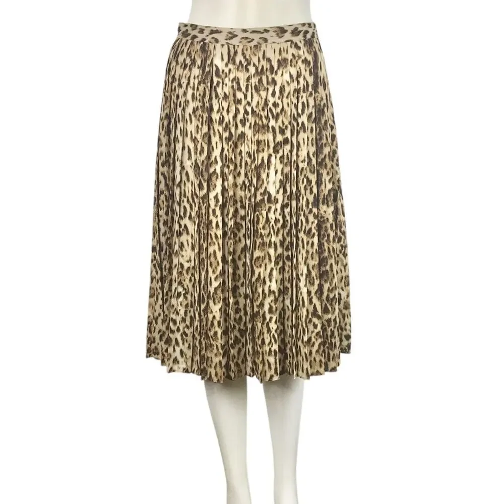 J. Crew NWT Leopard Pleated Midi Skirt Tan & Black Animal Print A-line XS/0